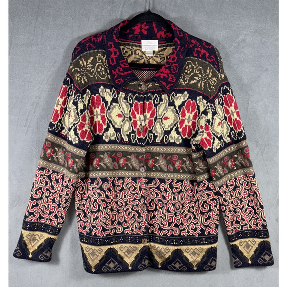 Vintage Christopher & Banks Sweater‎ Women's L Red Black Gold Hand Embroidered - Picture 1 of 9